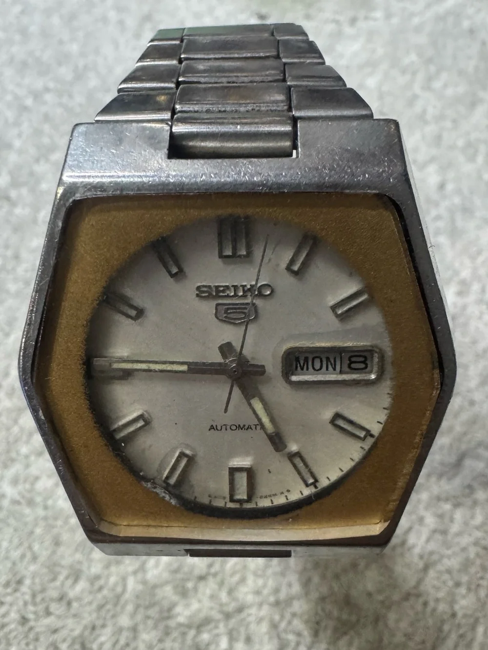 Seiko 5 Silver-Tone Hexagonal Watch with Gold Accent